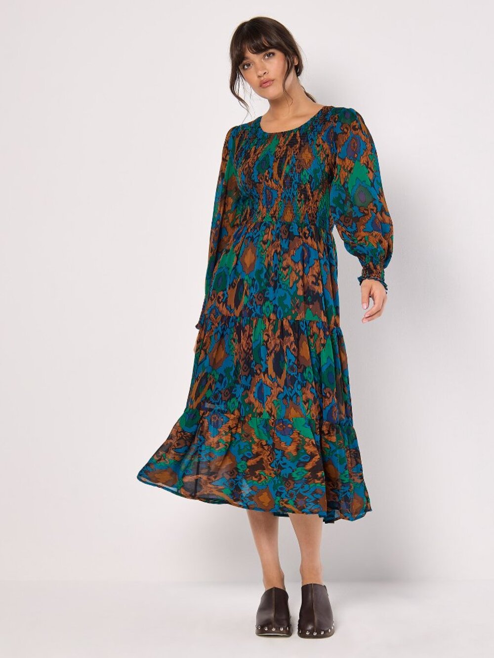 Ikat Smocked Midi Dress in Teal